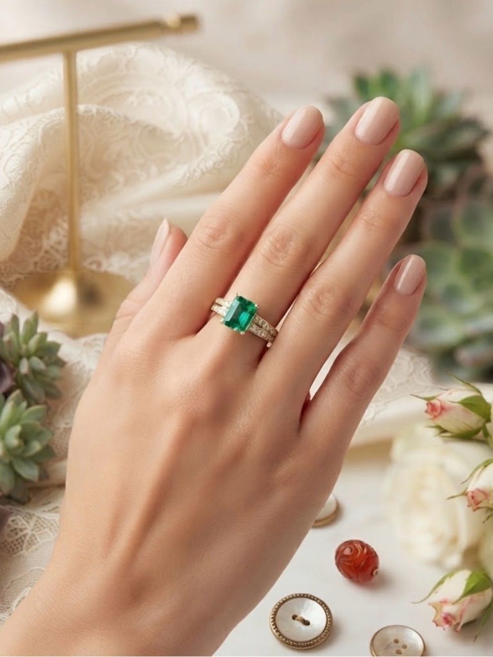 18K GOLD GENUINE COLOMBIAN EMERALD & DIAMOND RING SIZE 7